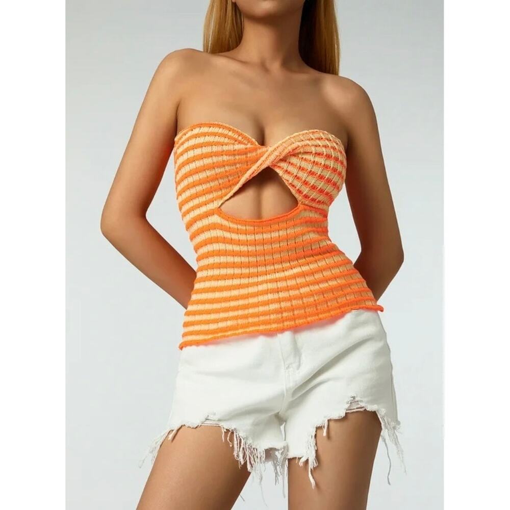 Stripped Crisscross Knit Crop Womens Tube Top Orange and Yellow
